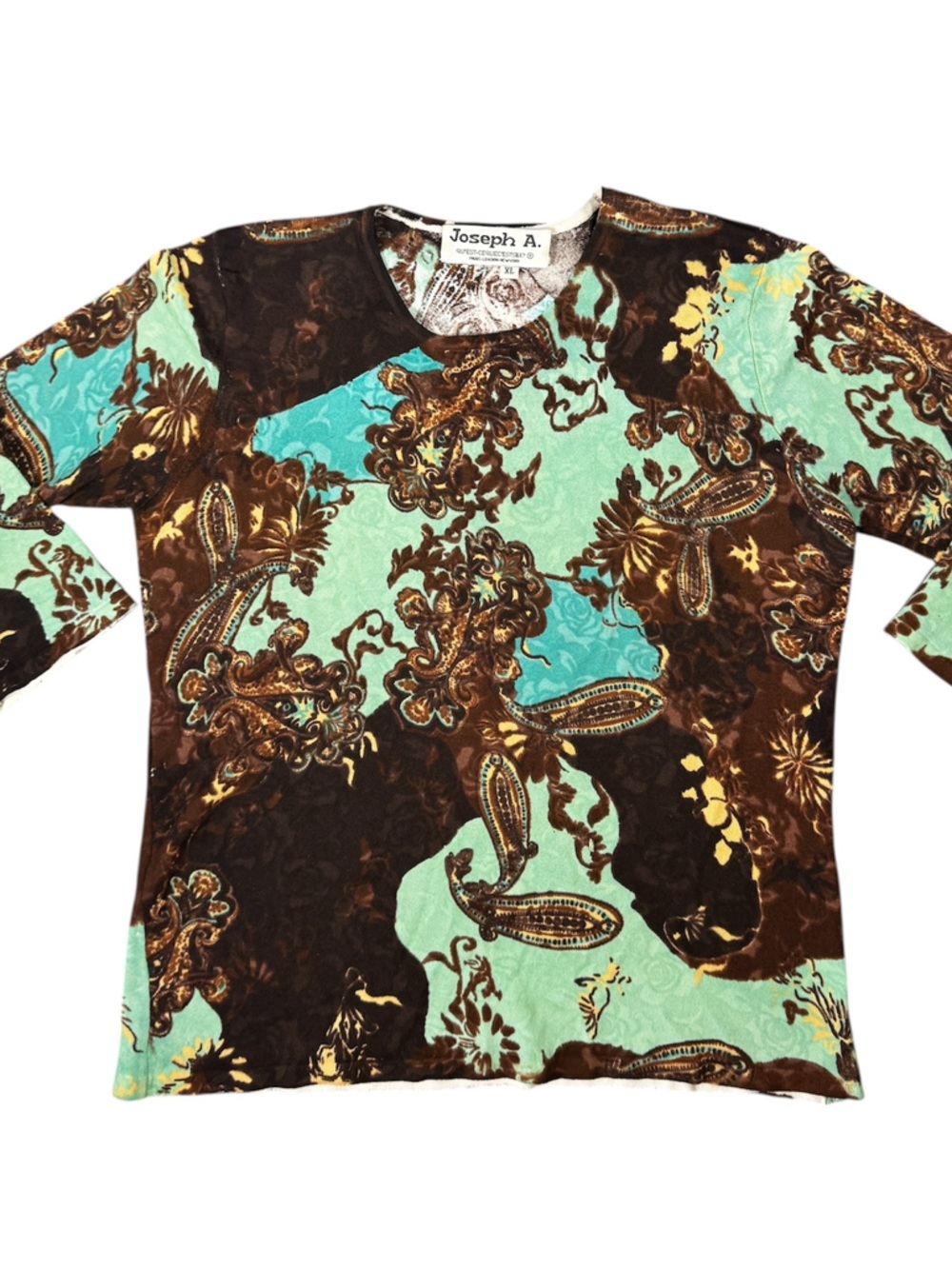 Joseph A Paisley Print Top Turquoise Brown 3/4 Sleeve Boho - XL